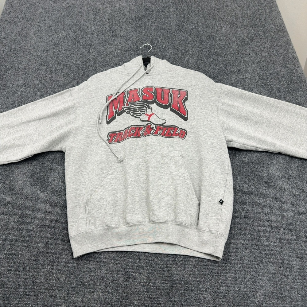 Masuk Track & Field Pennant Hoodie Mens M Gray Cotton Blend Graphic Sporty